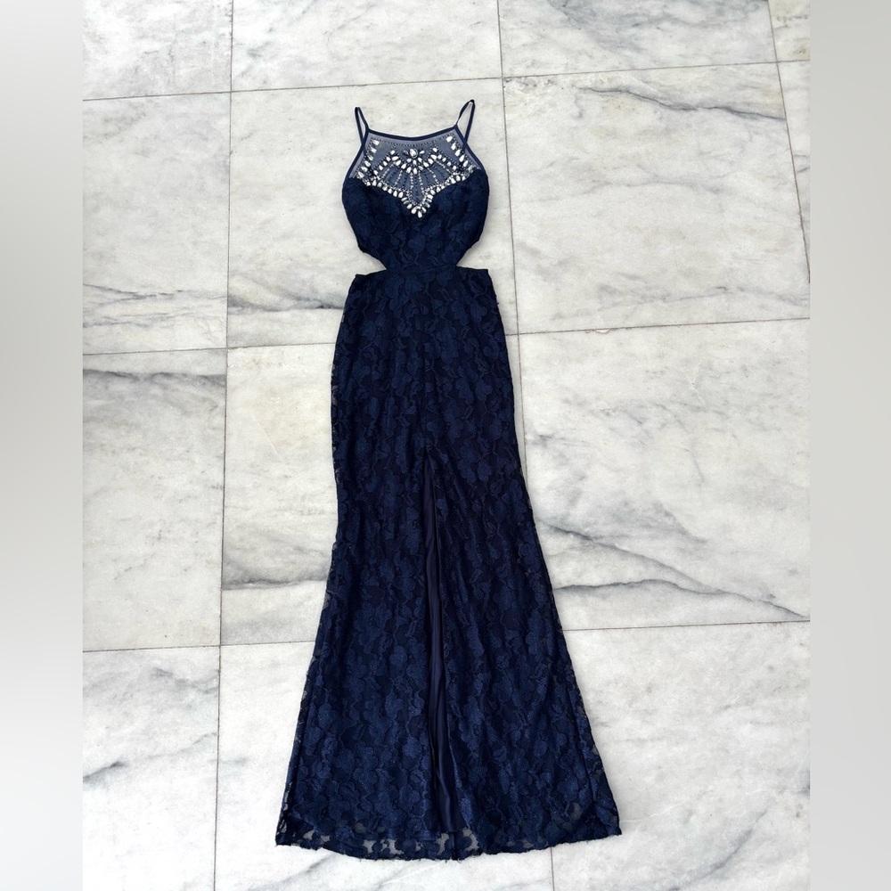 Y2K B. Darlin Dress Maxi Blue Lace Cut Out Mesh Beaded 3/4 Prom Art Deco Formal